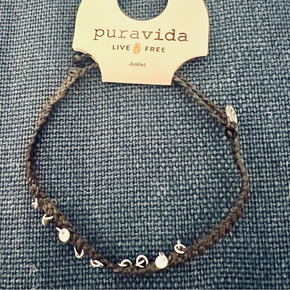 Pura Vida Silver Mini Braid Coin Anklet, Color Black